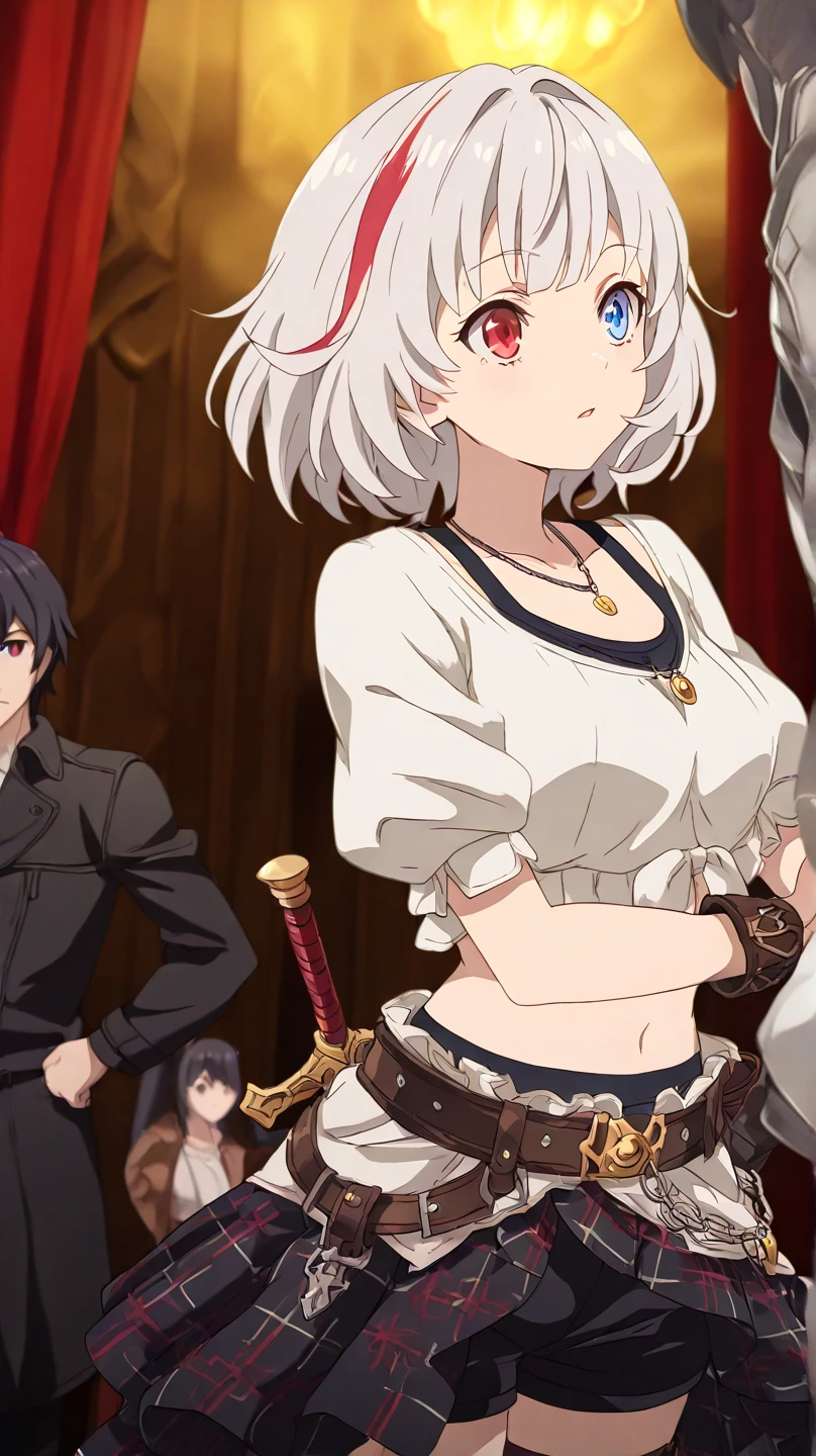 1girl, short hair, silver hair, solo focus, Highress, 2k, best quality, face details. 
Eyes:
 Heterochromia iridis),(left eye,Red eyes),(right eye,blue eyes),
Clothing Description:

Top: Wearing a white crop top with black straps, layered with black mesh covering the neckline.

Outerwear: An oversized white bomber jacket with red and black accents on the inside. The red lining features a quilted pattern, adding a stylish detail.

Additional Accessories: A necklace with a triangular pendant and chain straps hanging from the belt, with a sword in a room, shadowverse style, shadowverse, detailed key anime art, high detailed official artwork, detailed fantasy art, extremely detailed artgerm, anime fantasy artwork,

Bottom: Black shorts with red accents, featuring metallic chains and straps wrapping around the waist. Buckles and straps add a utilitarian touch.

Background:
Fantasy vibes, rpg style, 