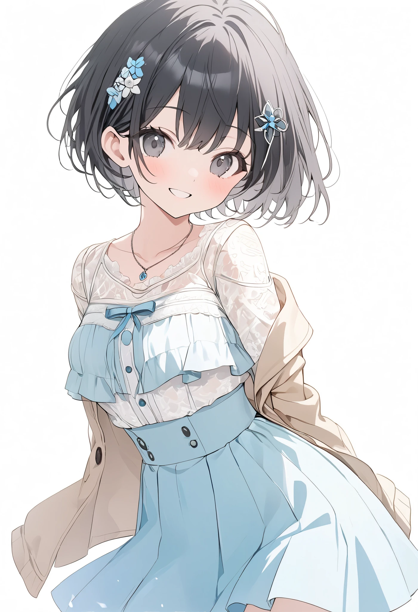 {{masterpiece、 Attention to Details , perfect eyes}}、((White background,from front,  cowboy shot ))、18 years old、 One Girl 、 black hair、pixie cut、 black eyes、(beige open cardigan、 white lace blouse 、 light blue high waisted skirt、 hair ornament、pendant) with a cheerful smile、arms behind back