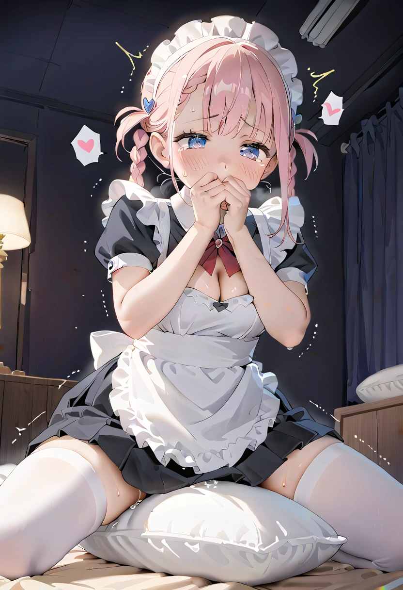 (masterpiece,beautiful,hughres,CG,8k,16k,best quality,high-resolution,detailed eyes:1.5),anime,source anime,illustration,from below,1girl,Alone,( luxury room,night, Dark Room,bedroom:1.5),(on the bed:1.2),(pink hair:1,5),blue eyes,(ahoge:0.2),(braided hair,twintails,bangs:1.4),(maid,pleated skirt,black skirt,white thighhighs:1.3),cleavage,large breasts,standing,crotch rub,(pillow humping:1.3),hand over own mouth, covering own mouth,(female orgasm,pussy juice:1.1),(trembling:1.4),(gasping,heavy breathing,blush:1.5),(impatience1.1),flustered,(fidgeting around:1.4),(steam:1.2),(sweat skin,sweat:1.4),(streaming tears:1.3),(drooling:1.1),(looking away:0.5),(looking down:1.4),(spoken heart:1.3),(narrow one's eyes:1.6),(open mouth:1.2)