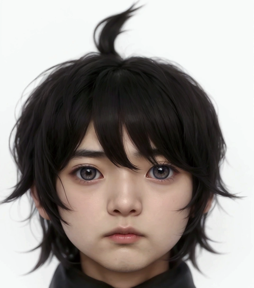 There is a young MAN. ( con un rostro  realistic  japonés ) , ugly face ( very high), with short hair and white t-shirt , adolescente hiper  realistic  , sujeto hiper  realistic  , Chico anime  realistic  ,  anime style realism  , estilo de arte anime  realistic  , estilo de arte de anime  realistic  , Estilo anime 3D  realistic  ,  Portrait of an anime boy  ,  work of art in the style of Guweiz , Detallado  Portrait of an anime boy  ,  incredible facial portrait of a dark anime  . model,  of Asian origin  (average, bajo average),  I just saw the spectator  , retrato(  realistic  :1.4), (:1.0),  black eyes , small eyes ( perfect girl  , Dark), small eyes ( very high ),,  Round pupils  (perfect ),eyes (,Serious),eyelash( perfect girl  , ),shirt, thin eyebrows(perfect), rectangular face,  round eyes, dyed hair (negro ), hair perfect con , hair,  character Makoto Misumi  (  Tsuki ga Michibiku isekai douchuu  ),  Dead fish eyes  , mejillas regordetas , oval double chin  ,  long round chin  , chubby face , Big Head, She has a double chin  ,  plump , chubby,  serious expression 