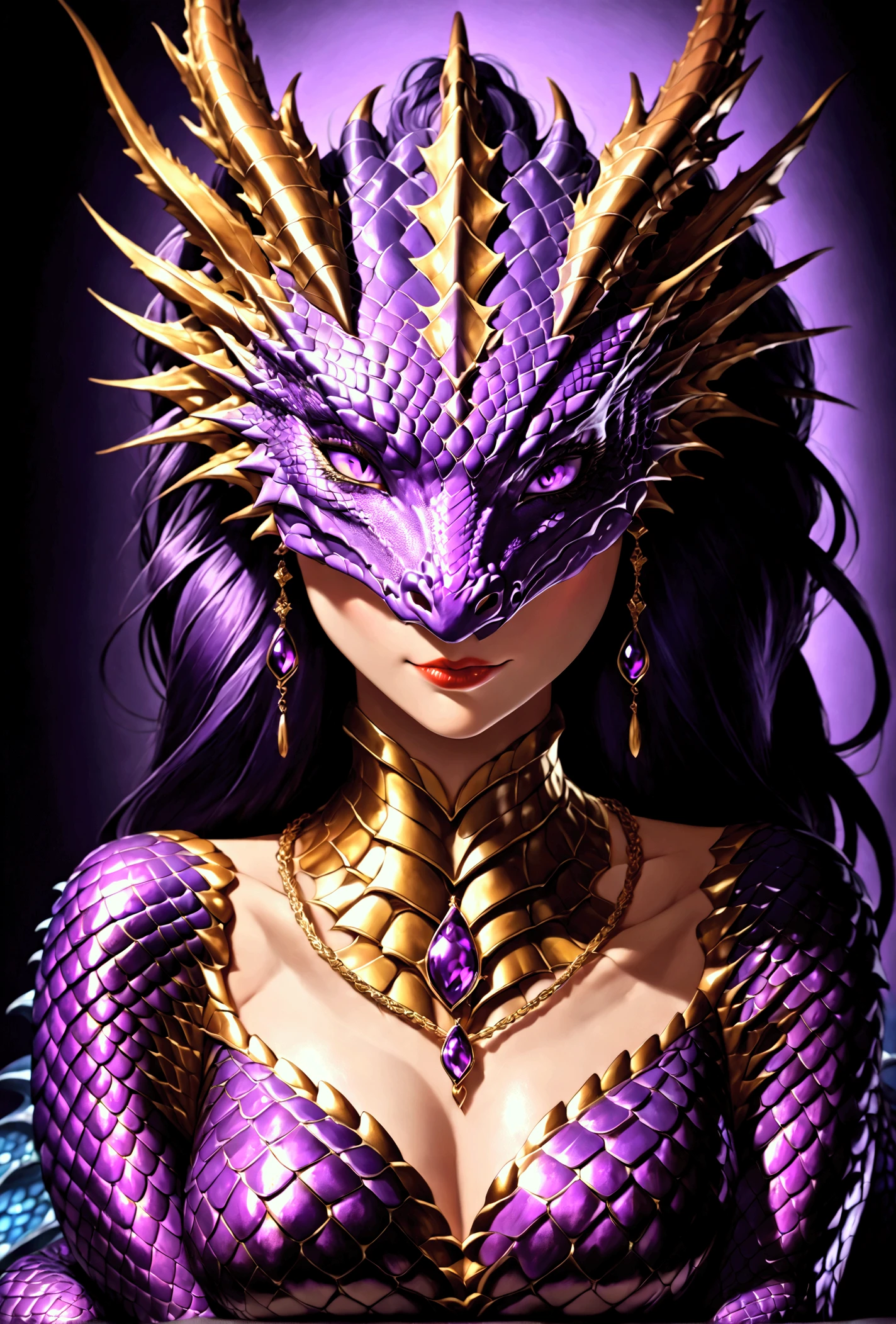 Dragon lady, purple shiny lovescales, seductive, her face is a dragon face, Looking at viewer, Simple background, shinygold neckless