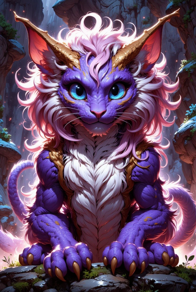 combines the characteristics of a cat and dragon. gaint, It has a connection with the three elements of earth, air and fire. fantasy setting, 8k, uhd, masterpiece, detailed. Violet fur with golden parts on head, neck and paws. Fluffy, long fur