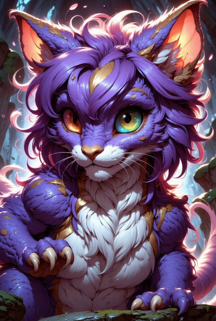 combines the characteristics of a cat and dragon. gaint, It has a connection with the three elements of earth, air and fire. fantasy setting, 8k, uhd, masterpiece, detailed. Violet fur with golden parts on head, neck and paws. Fluffy, long fur