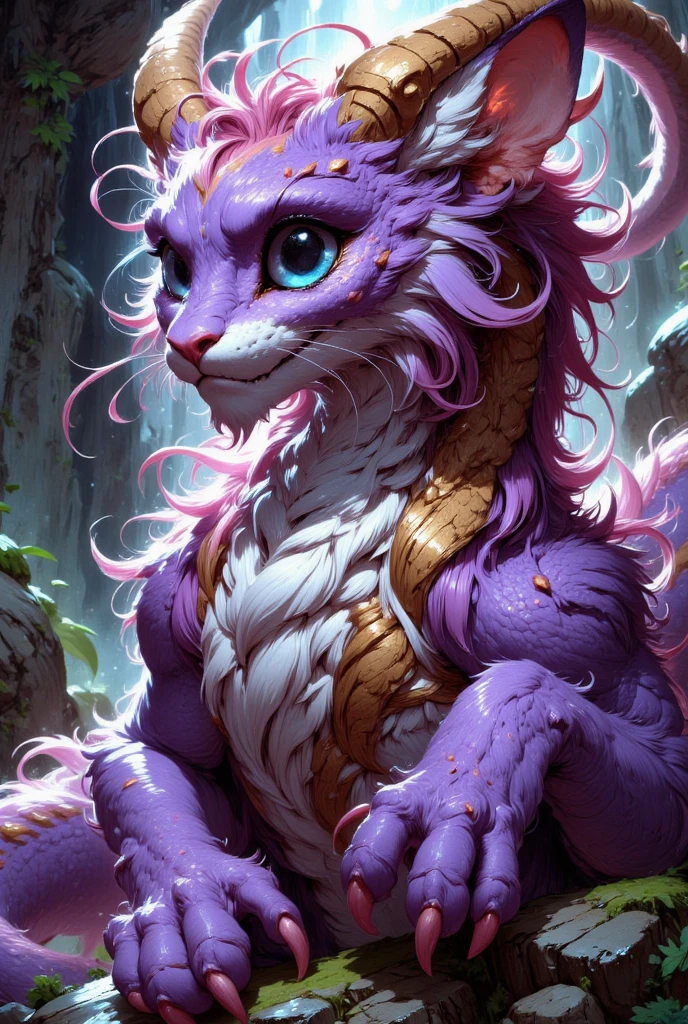 combines the characteristics of a cat and dragon. gaint, It has a connection with the three elements of earth, air and fire. fantasy setting, 8k, uhd, masterpiece, detailed. Violet fur with golden parts on head, neck and paws. Fluffy, long fur