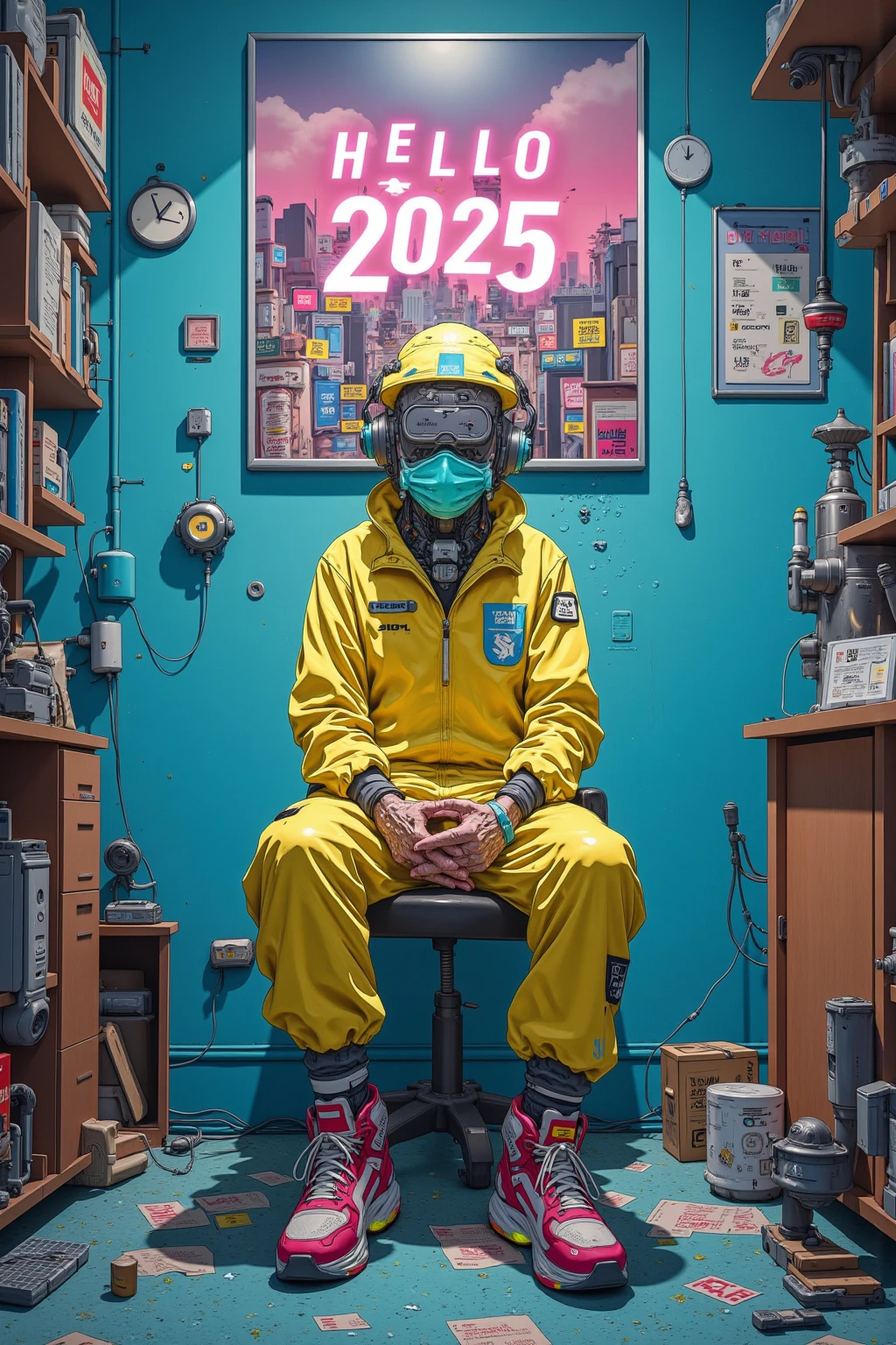   "“Hello 2025” headline poster ,strange room , A crazy man wearing clothes designed to look like a protective suit is sitting,Ultra-realistic composition ,   surreal style  ,  neo-surrealistic    .     digital art   , surrealistic     digital art   work,   Surreal Scene  ,   surreal photography  , surreal 3 d render,   Surrealist Conceptual Art    ,   Dreamy Art  ,   surreal photography  graphy,   surrealist photography  ,  items floating in the air  、lots of items , ultra high resolution ,   very detailed,  huge room with no windows , Hyacinth,vapor,junk, Wide Angle Shot ,  Proximity Method, Strange 80s Style Synthwave , Synthwave City, Synth Wave Style , Miami Synthwave , Synthwave Art Style from a 2009 SF8K movie, cyberpunk atmosphere , Spectacular Retrowave Art