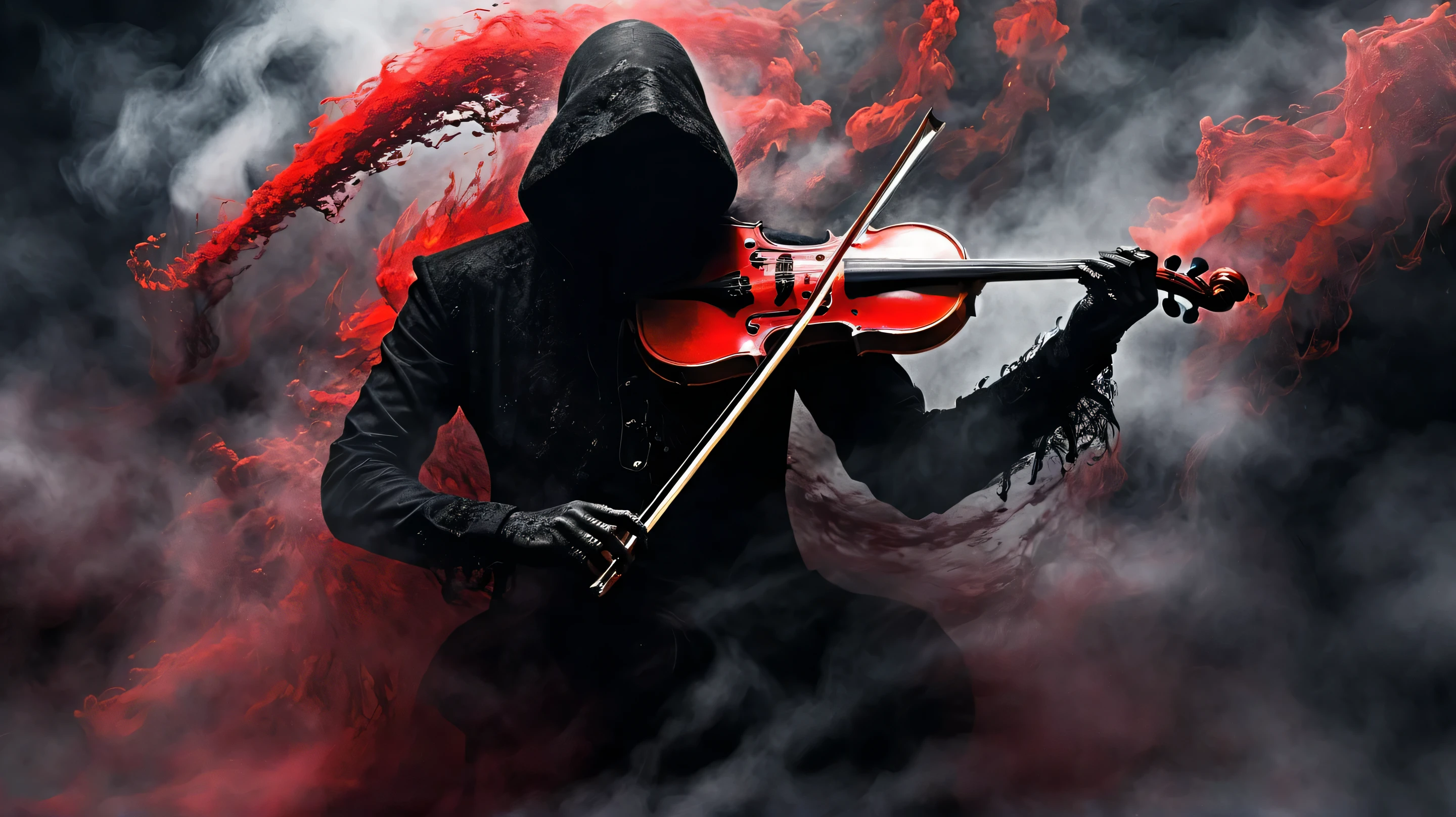 Black grim reaper, Engulfed BY black and red, (playing scythe violin), detailed weapons, top quality, highly detailed, dark and mysterious, Gothic style, menacing presence, haunting atmosphere, subtle lighting, gloomy and foreboding, eerie shadows, swirling mist, supernatural elements, skull motif, dramatic composition, macabre aesthetic,