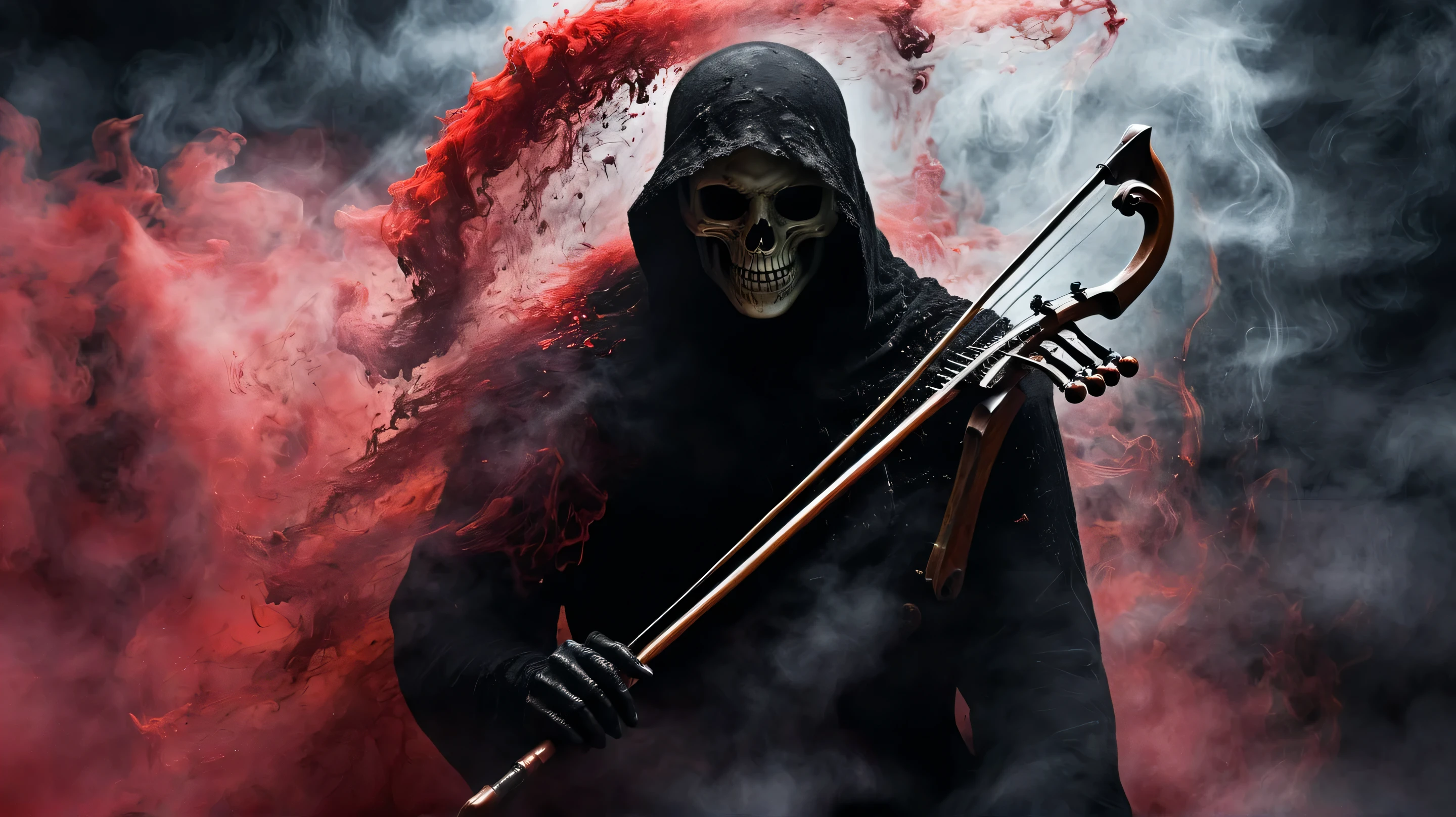 Black grim reaper, Engulfed BY black and red, (playing scythe violin), detailed weapons, top quality, highly detailed, dark and mysterious, Gothic style, menacing presence, haunting atmosphere, subtle lighting, gloomy and foreboding, eerie shadows, swirling mist, supernatural elements, skull motif, dramatic composition, macabre aesthetic,
