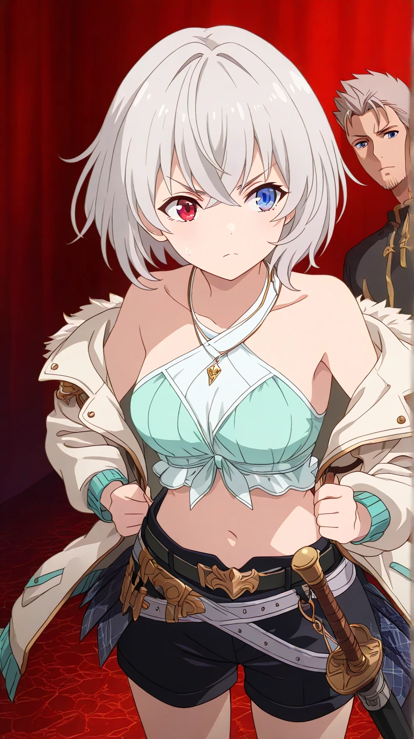 1girl, short hair, silver hair, solo focus, Highress, 2k, best quality, face details, solo girl, fighting poses, solo focus. 
Eyes:
 Heterochromia iridis),(left eye,Red eyes),(right eye,blue eyes),
Clothing Description:

Top: Wearing a white crop top with black straps, layered with black mesh covering the neckline.

Outerwear: An oversized white bomber jacket with red and black accents on the inside. The red lining features a quilted pattern, adding a stylish detail.

Additional Accessories: A necklace with a triangular pendant and chain straps hanging from the belt, with a sword in a room, shadowverse style, shadowverse, detailed key anime art, high detailed official artwork, detailed fantasy art, extremely detailed artgerm, anime fantasy artwork,

Bottom: Black shorts with red accents, featuring metallic chains and straps wrapping around the waist. Buckles and straps add a utilitarian touch.

Background:
Fantasy vibes, rpg style, 