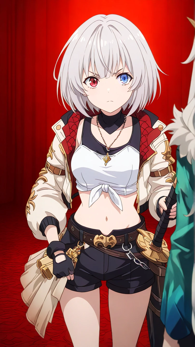 1girl, short hair, silver hair, solo focus, Highress, 2k, best quality, face details, solo girl, fighting poses, solo focus. 
Eyes:
 Heterochromia iridis),(left eye,Red eyes),(right eye,blue eyes),
Clothing Description:

Top: Wearing a white crop top with black straps, layered with black mesh covering the neckline.

Outerwear: An oversized white bomber jacket with red and black accents on the inside. The red lining features a quilted pattern, adding a stylish detail.

Additional Accessories: A necklace with a triangular pendant and chain straps hanging from the belt, with a sword in a room, shadowverse style, shadowverse, detailed key anime art, high detailed official artwork, detailed fantasy art, extremely detailed artgerm, anime fantasy artwork,

Bottom: Black shorts with red accents, featuring metallic chains and straps wrapping around the waist. Buckles and straps add a utilitarian touch.

Background:
Fantasy vibes, rpg style, 