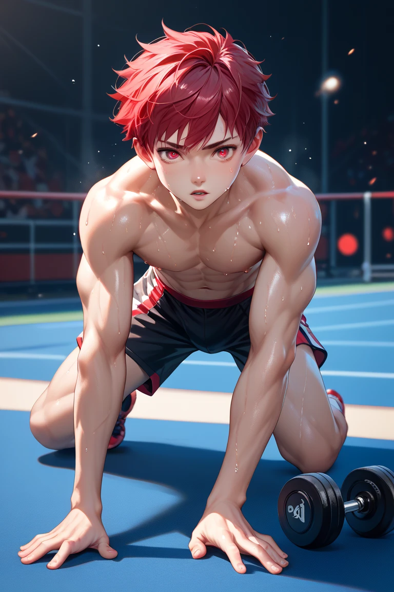 boy, , cute, Under 10 years old, whole body, redhead, short hair, (expression of agony), muscular, black skin, (Topless), (nipple), (red shorts), (barefoot), (finding), (spit blood from the mouth), (professional wrestling ring), (audience), (high resolution), (High precision)