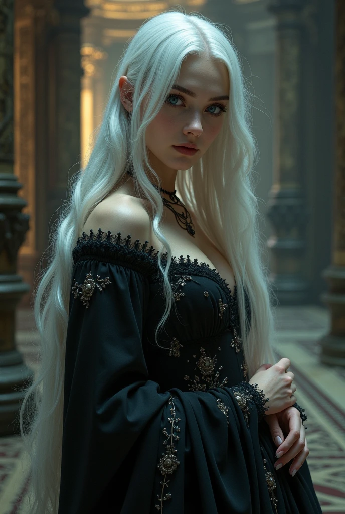 She is a beautiful young woman of 2, with silky white hair that cascades over her shoulders. His eyes are a deep purple, glowing with a faint supernatural glow, emanating an aura of mystery and power. Your beauty is undeniable, with delicate features that highlight its unique and mesmerizing appearance.clothing style:
She wears a luxurious and seductive dress, made of fine silk that molds to your body with elegance and provocation. The dress is predominantly black, with dark red details that contrast sensually with her pale skin. Golden embellishments adorn the dress, adding a touch of sophistication and refinement to your look.fund:
She is inside an ancient palace, whose walls are decorated with intricate tapestries that tell stories of centuries past. Large windows allow moonlight to gently enter, creating a play of shadows that enhances your figure. Ao fundo, a crystal chandelier casts brilliant reflections, delicately illuminating the environment and highlighting its imposing presence.