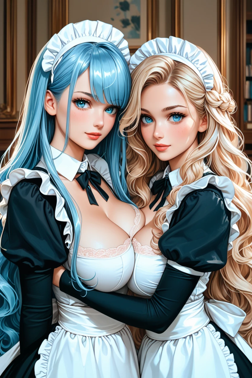 Multiple girls, Female, (light blue eyes), ((maid uniform)), (intricate hairstyle), (huge breasts), sexy, beautiful, very Long hair, wavy hair, long bangs, uneven bangs, wild hair, huge hair, (sideface), gentleness, Cinematic, (shaded), (Detailed eyes):1.2, seductive, (black lace stockings),