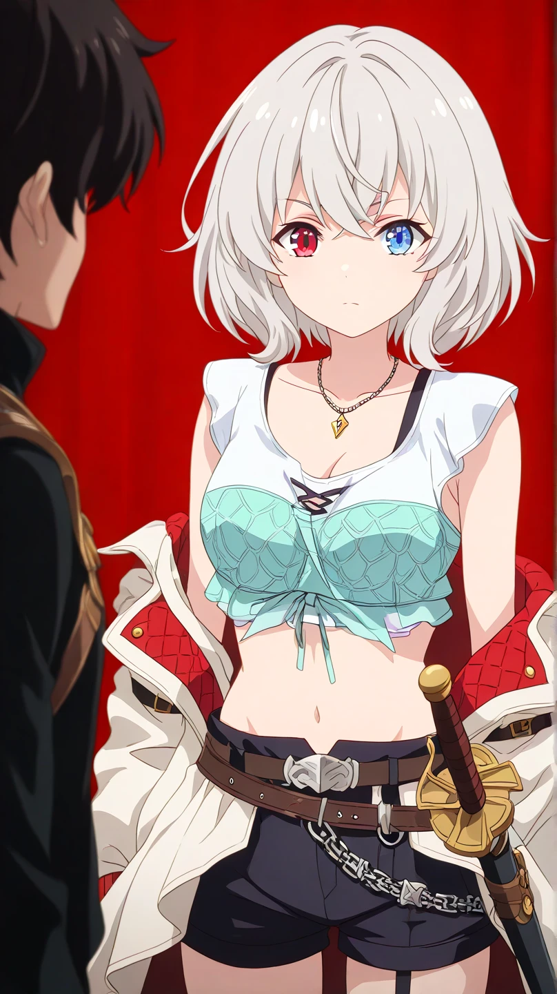 1girl, short hair, silver hair, solo focus, Highress, 2k, best quality, face details, solo girl, battle poses, solo focus. 
Eyes:
 Heterochromia iridis),(left eye,Red eyes),(right eye,blue eyes),
Clothing Description:

Top: Wearing a white crop top with black straps, layered with black mesh covering the neckline.

Outerwear: An oversized white bomber jacket with red and black accents on the inside. The red lining features a quilted pattern, adding a stylish detail.

Additional Accessories: A necklace with a triangular pendant and chain straps hanging from the belt, with a sword in a room, shadowverse style, shadowverse, detailed key anime art, high detailed official artwork, detailed fantasy art, extremely detailed artgerm, anime fantasy artwork,

Bottom: Black shorts with red accents, featuring metallic chains and straps wrapping around the waist. Buckles and straps add a utilitarian touch.

Background:
Fantasy vibes, rpg style, 