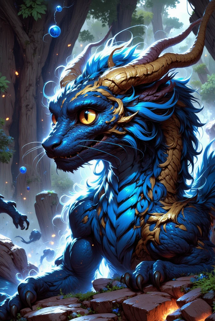 combines the characteristics of a cat and dragon. gaint, It has a connection with the three elements of earth, air and fire. fantasy setting, 8k, uhd, masterpiece, detailed. Indigo fur with golden parts on head, neck and paws. Fluffy, long fur