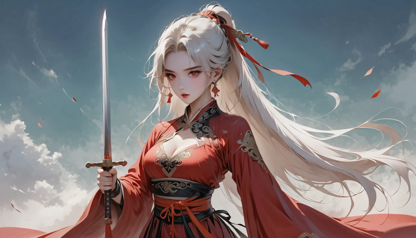 1girl, solo, long_hair, breasts, hair_ornament, red_eyes, dress, ribbon, holding, jewelry, upper_body, ponytail, weapon, white_hair, earrings, sword, holding_weapon, clothing_cutout, holding_sword, red_dress, cleavage_cutout, tassel,Correct human anatomy