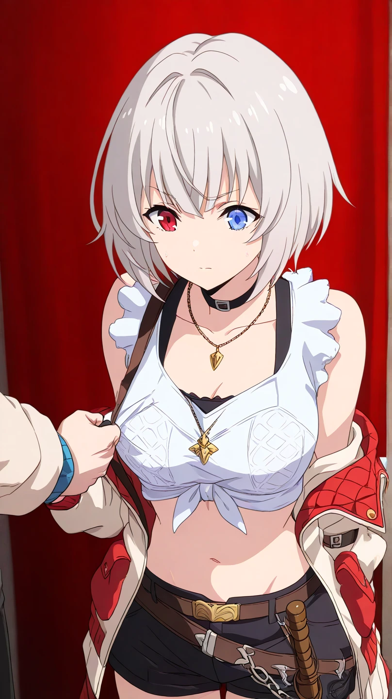 1girl, short hair, silver hair, solo focus, Highress, 2k, best quality, face details, solo girl, battle poses, solo focus. 
Eyes:
 Heterochromia iridis),(left eye,Red eyes),(right eye,blue eyes),
Clothing Description:

Top: Wearing a white crop top with black straps, layered with black mesh covering the neckline.

Outerwear: An oversized white bomber jacket with red and black accents on the inside. The red lining features a quilted pattern, adding a stylish detail.

Additional Accessories: A necklace with a triangular pendant and chain straps hanging from the belt, with a Gauntlet in a room, shadowverse style, shadowverse, detailed key anime art, high detailed official artwork, detailed fantasy art, extremely detailed artgerm, anime fantasy artwork,

Bottom: Black shorts with red accents, featuring metallic chains and straps wrapping around the waist. Buckles and straps add a utilitarian touch.

Background:
Fantasy vibes, rpg style, 