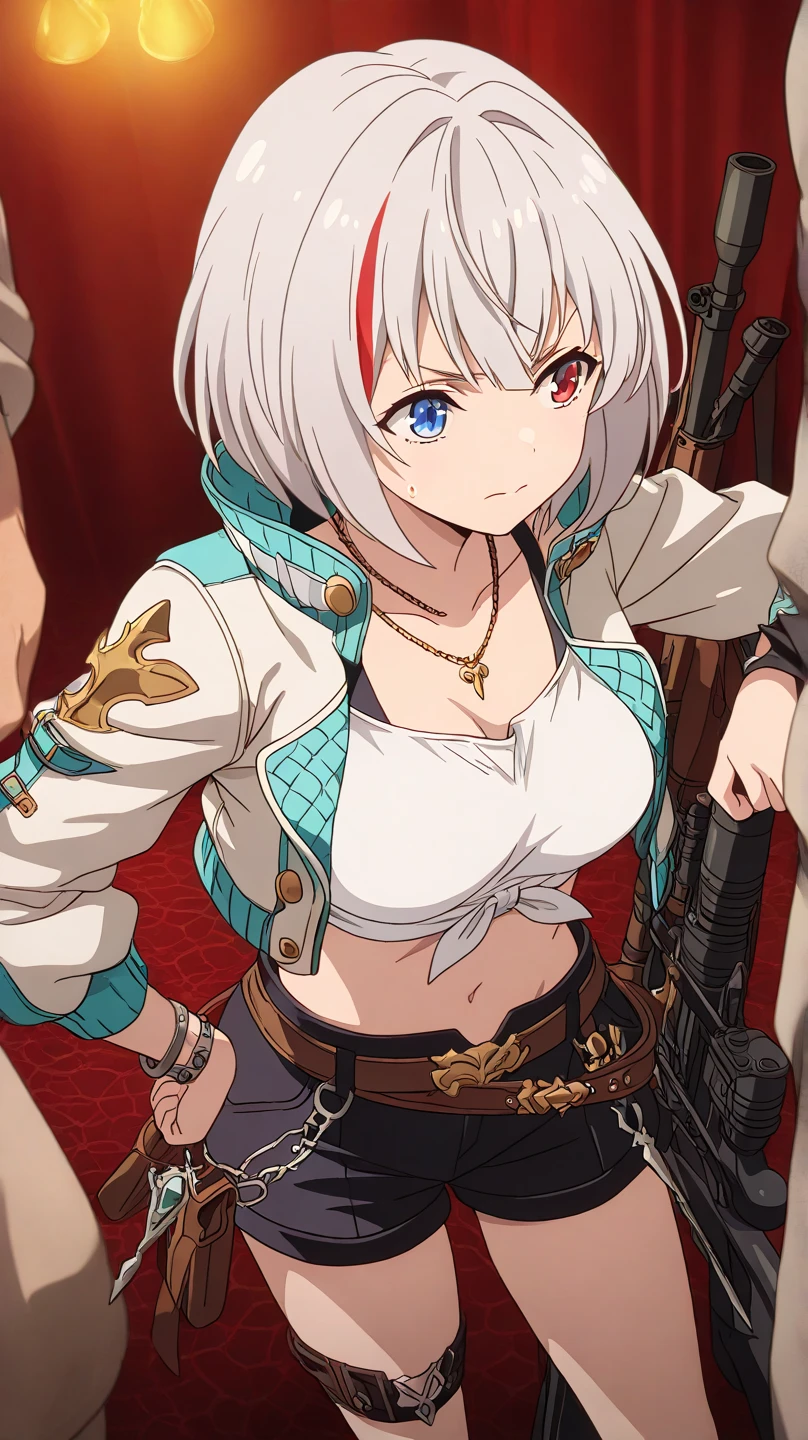 1girl, short hair, silver hair, solo focus, Highress, 2k, best quality, face details, solo girl, battle poses, solo focus. 
Eyes:
 Heterochromia iridis),(left eye,Red eyes),(right eye,blue eyes),
Clothing Description:

Top: Wearing a white crop top with black straps, layered with black mesh covering the neckline.

Outerwear: An oversized white bomber jacket with red and black accents on the inside. The red lining features a quilted pattern, adding a stylish detail.

Additional Accessories: A necklace with a triangular pendant and chain straps hanging from the belt, with a Gauntlet in a room, shadowverse style, shadowverse, detailed key anime art, high detailed official artwork, detailed fantasy art, extremely detailed artgerm, anime fantasy artwork,

Bottom: Black shorts with red accents, featuring metallic chains and straps wrapping around the waist. Buckles and straps add a utilitarian touch.

Background:
Fantasy vibes, rpg style, 