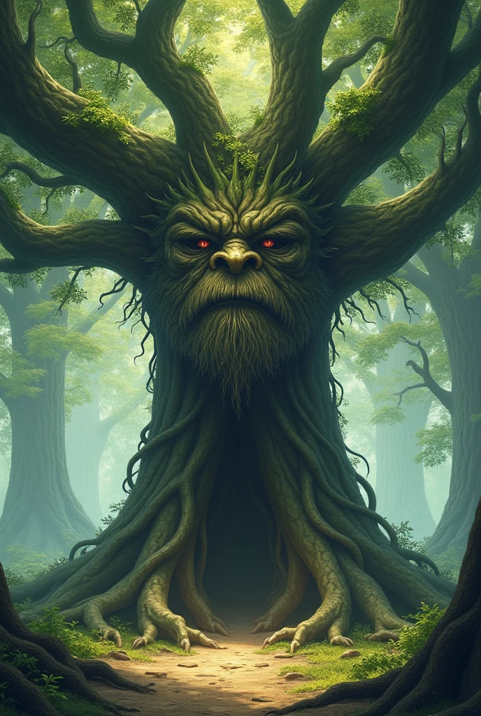 (long shot , slightly above) of enchanted tree battling a monster, detailed face, located in a magical scene at a serene celestial realm during golden hour with foggy weather, illuminated by starlight, creating a heroic ethereal atmosphere, detailed face, ,Masterpiece,best quality, photo, realistic, very aesthetic