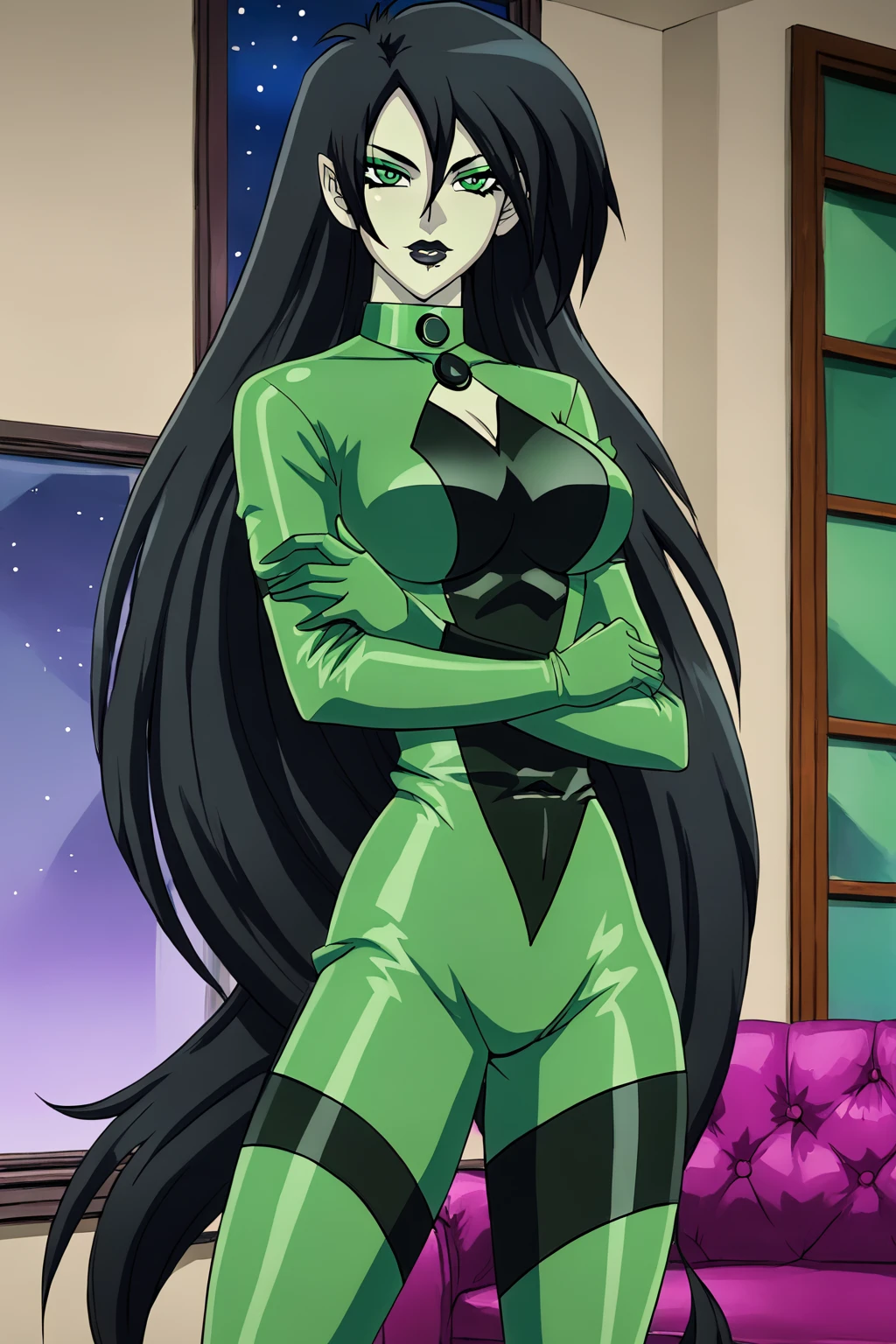 <lora:ShegoV1:0.6>shego, 1girl, (((white long wedding dress))),black hair, black lips, green eyes, lips, long hair, looking at viewer, makeup,multicolored clothes