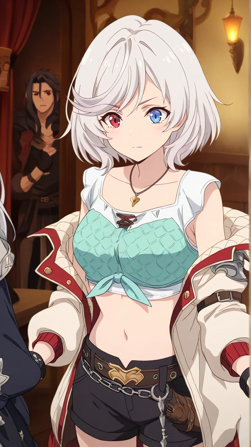 Short hair, silver-white hair with a slightly messy style and side-swept bangs, solo focus, Highress, 2k, best quality, face details, solo girl, battle poses, solo focus. 
Eyes:
 Heterochromia iridis),(left eye,Red eyes),(right eye,blue eyes),
Clothing Description:

Top: Wearing a white crop top with black straps, layered with black mesh covering the neckline.

Outerwear: An oversized white bomber jacket with red and black accents on the inside. The red lining features a quilted pattern, adding a stylish detail.

Additional Accessories: A necklace with a triangular pendant and chain straps hanging from the belt, with a Gauntlet in a room, shadowverse style, shadowverse, detailed key anime art, high detailed official artwork, detailed fantasy art, extremely detailed artgerm, anime fantasy artwork,

Bottom: Black shorts with red accents, featuring metallic chains and straps wrapping around the waist. Buckles and straps add a utilitarian touch.

Background:
Fantasy vibes, rpg style, 