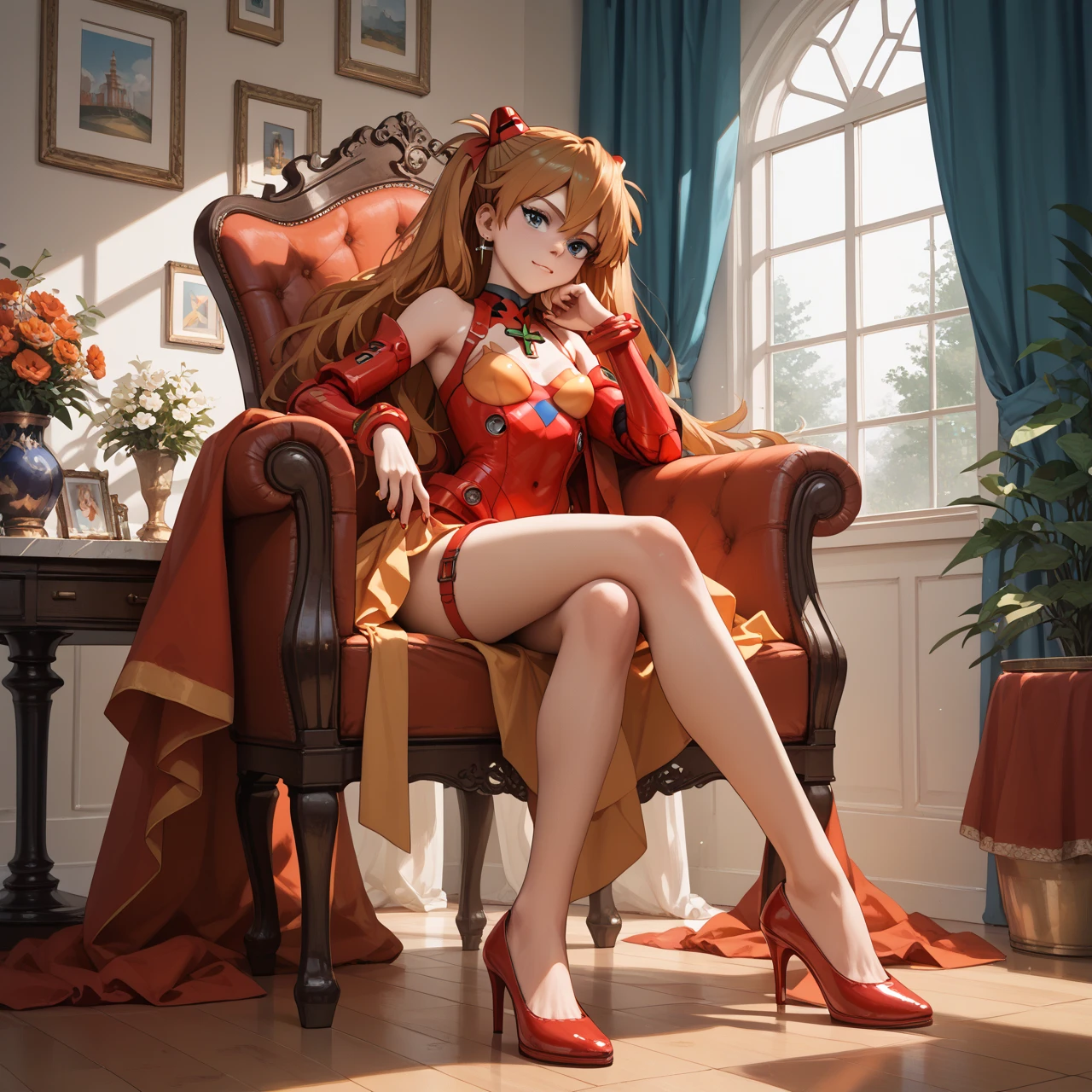 masterpiece, best quality, masterpiece, asuka langley sitting cross legged on a chair