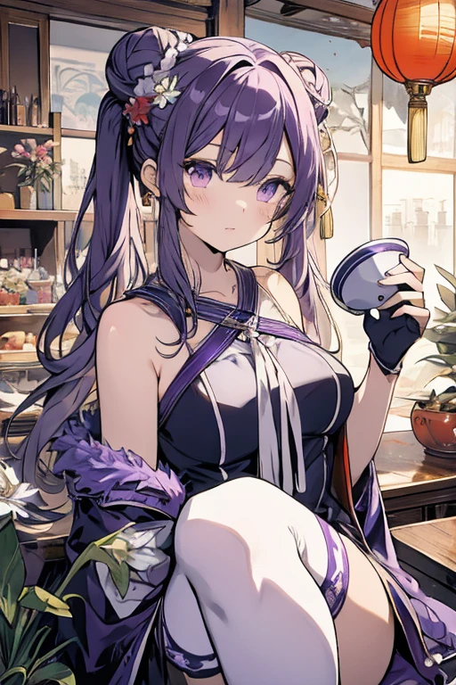 Anime girl in purple underwear holding horns and coffee, Enchanting anime girl, [ 4k digital art ]!!, tits, Beautiful and attractive anime woman, Big Breasts!, Smooth anime CG art, sfw Big Breasts, Highly detailed art gems, Anime Moe Art Style, Big Breasts!!, sfw version, marin kitagawa fanart, biomechanical tits