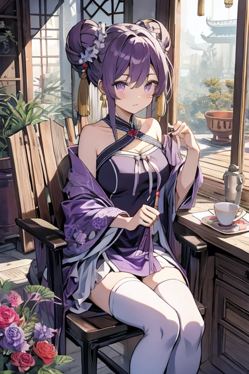 Ultra-realistic 8K CG，masterpiece，（（Highly detailed background，Delicate pattern，Intricate details）），Best Quality at its best，masterpiece, Highly detailed background, Delicate pattern，The finest craftsmanship and attention to detail, Highly detailed face，Highly detailed eyes and face，，Very fine particles，kochou shinobu，Multicolored Hair，No bangs，Hair Intake，Purple eyes，Haori，butterfly，band，（hot band garden：1.2），Purple Flower，mostly cloudy zero，Light of the sun，Tyndall effect，slope_zero，face，beautiful zero，Sabre on waist，Seductive posture，（Big Breasts:1.3)，（Cleavage:1.3)，（Off-the-shoulder outfit:1.6), Down blouse、View your audience,masterpiece, Highest quality, High resolution, Black Hair, View your viewers, masterpiece,Best Quality, One girl, Sitting in a chair, Cross Leg, Show me your legs, barefoot、sole, Leg spread, Or a foot with toes、From below