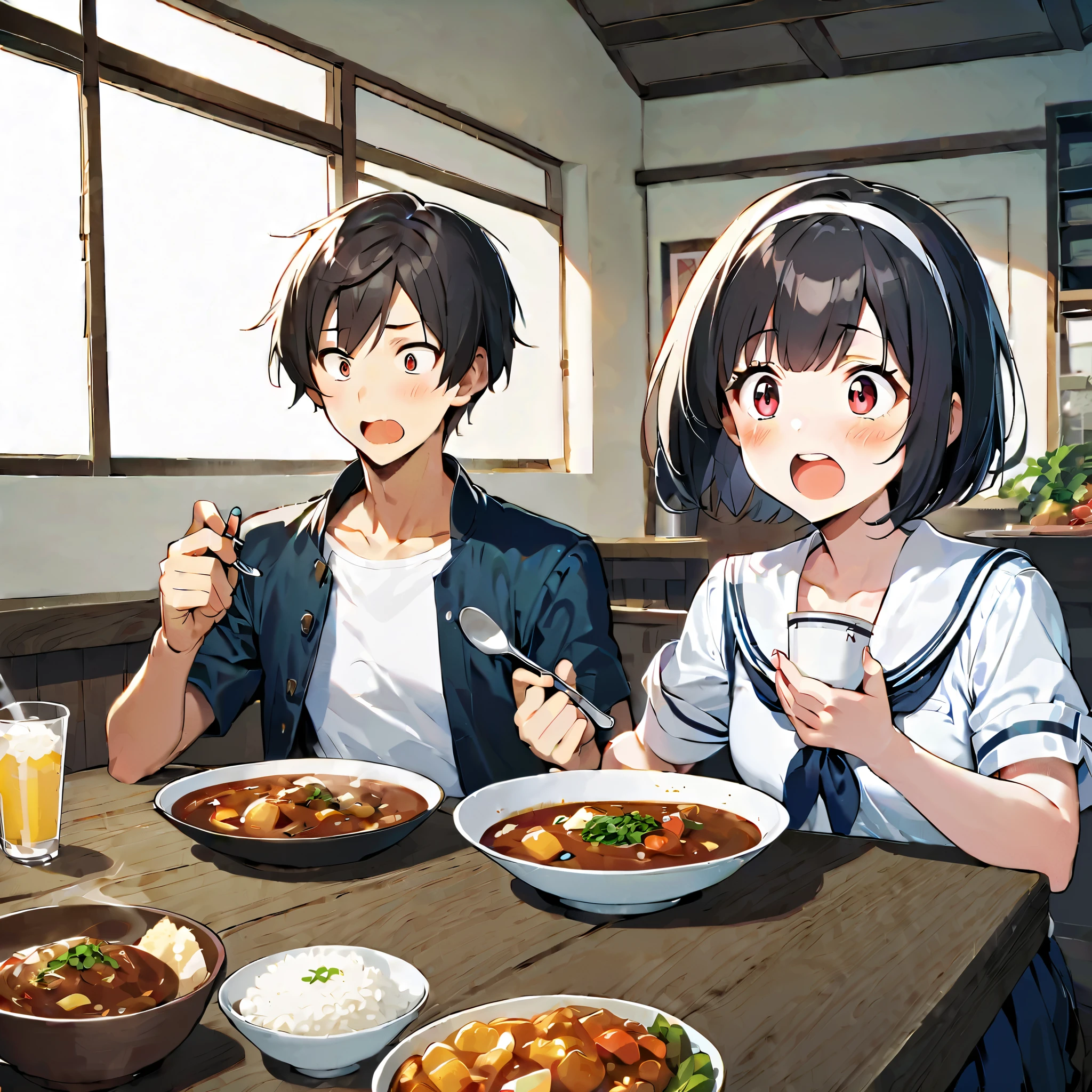 1girl, blush, short hair, open mouth, bangs, seifuku, black hair, red eyes, 1boy, holding, sitting, jacket, white shirt, short sleeves, hairband, food, open clothes, teeth, indoors, white skin, seifuku, cup, sailor, siblings, eating, table, plate, bowl, wide-eyed, white hairband, spoon, brother and sister, rice, holding spoon, curry