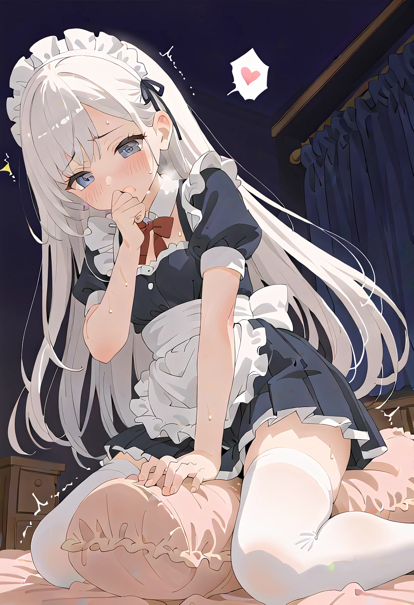 (masterpiece,beautiful,hughres,CG,8k,16k,best quality,high-resolution,detailed eyes:1.5),anime,source anime,illustration,from below,1girl,Alone,( luxury room,night, Dark Room,bedroom:1.5),(on the bed:1.2),(white hair:1.5),blue eyes,(very long hair,straight hair,bangs:1.4),(maid,frill dress,pleated skirt,frill skirt,white thighhighs:1.3),cleavage,large breasts,standing,crotch rub,(pillow humping:1.3),hand over own mouth, covering own mouth,(female orgasm,pussy juice:1.1),(trembling:1.4),(gasping,heavy breathing,blush:1.5),(impatience1.1),flustered,(fidgeting around:1.4),(steam:1.2),(sweat skin,sweat:1.4),(streaming tears:1.3),(drooling:1.1),(looking away:0.5),(looking down:1.4),(spoken heart:1.3),(narrow one's eyes:1.6),(open mouth:1.2)