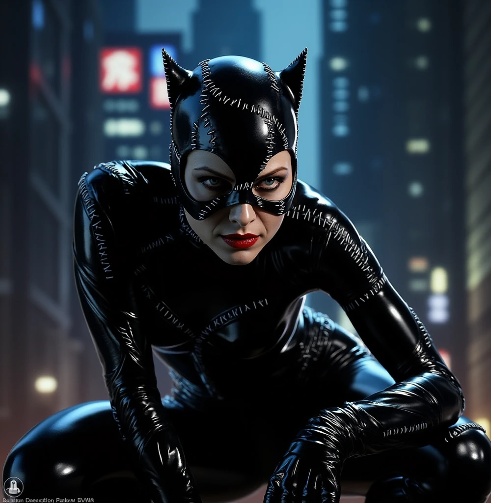 Closeup on a powerful threat, The creepy appearance of the mysterious Catwoman, inimmiga do Batman, vestida com de forma sensual, de bodysuit vermelho com bege e bronze, menacing stare, ricamente detalhado, Hiper realista, 3D-rendering, obra-prima, NVIDIA, RTX, ray-traced, Bokeh, Night sky with a huge and beautiful full moon, estrelas brilhando, 8k,
