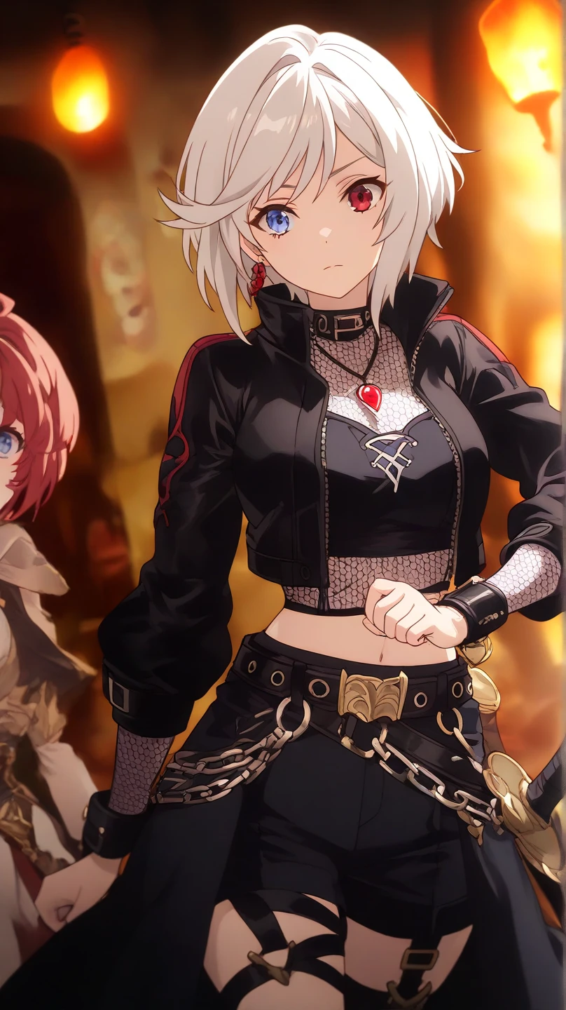 Short hair, silver-white hair with a slightly messy style and side-swept bangs, solo focus, Highress, 2k, best quality, face details, solo girl, battle poses, solo focus. 
Eyes:
 Heterochromia iridis),(left eye,Red eyes),(right eye,blue eyes),
Clothing Description:

Top: Wearing a white crop top with black straps, layered with black mesh covering the neckline.

Outerwear: An oversized white bomber jacket with red and black accents on the inside. The red lining features a quilted pattern, adding a stylish detail.

Additional Accessories: A necklace with a triangular pendant and chain straps hanging from the belt, with a Gauntlet in a room, shadowverse style, shadowverse, detailed key anime art, high detailed official artwork, detailed fantasy art, extremely detailed artgerm, anime fantasy artwork,

Bottom: Black shorts with red accents, featuring metallic chains and straps wrapping around the waist. Buckles and straps add a utilitarian touch.

Background:
Fantasy vibes, rpg style, 