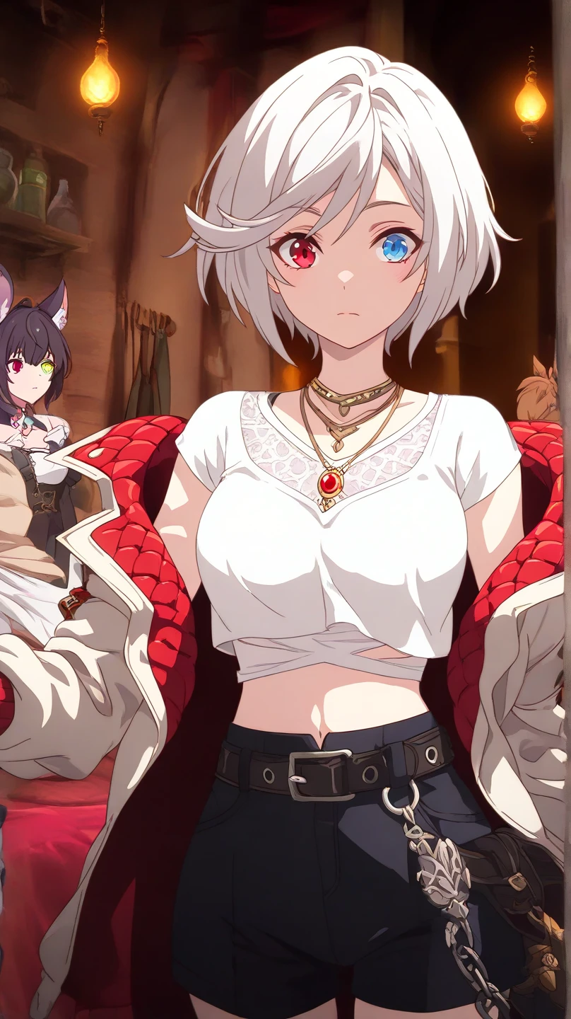 Short hair, silver-white hair with a slightly messy style and side-swept bangs, solo focus, Highress, 2k, best quality, face details, solo girl, battle poses, solo focus. 
Eyes:
 Heterochromia iridis),(left eye,Red eyes),(right eye,blue eyes),
Clothing Description:

Top: Wearing a white crop top with black straps, layered with black mesh covering the neckline.

Outerwear: An oversized white bomber jacket with red and black accents on the inside. The red lining features a quilted pattern, adding a stylish detail.

Additional Accessories: A necklace with a triangular pendant and chain straps hanging from the belt, with a Gauntlet in a room, shadowverse style, shadowverse, detailed key anime art, high detailed official artwork, detailed fantasy art, extremely detailed artgerm, anime fantasy artwork,

Bottom: Black shorts with red accents, featuring metallic chains and straps wrapping around the waist. Buckles and straps add a utilitarian touch.

Background:
Fantasy vibes, rpg style, 