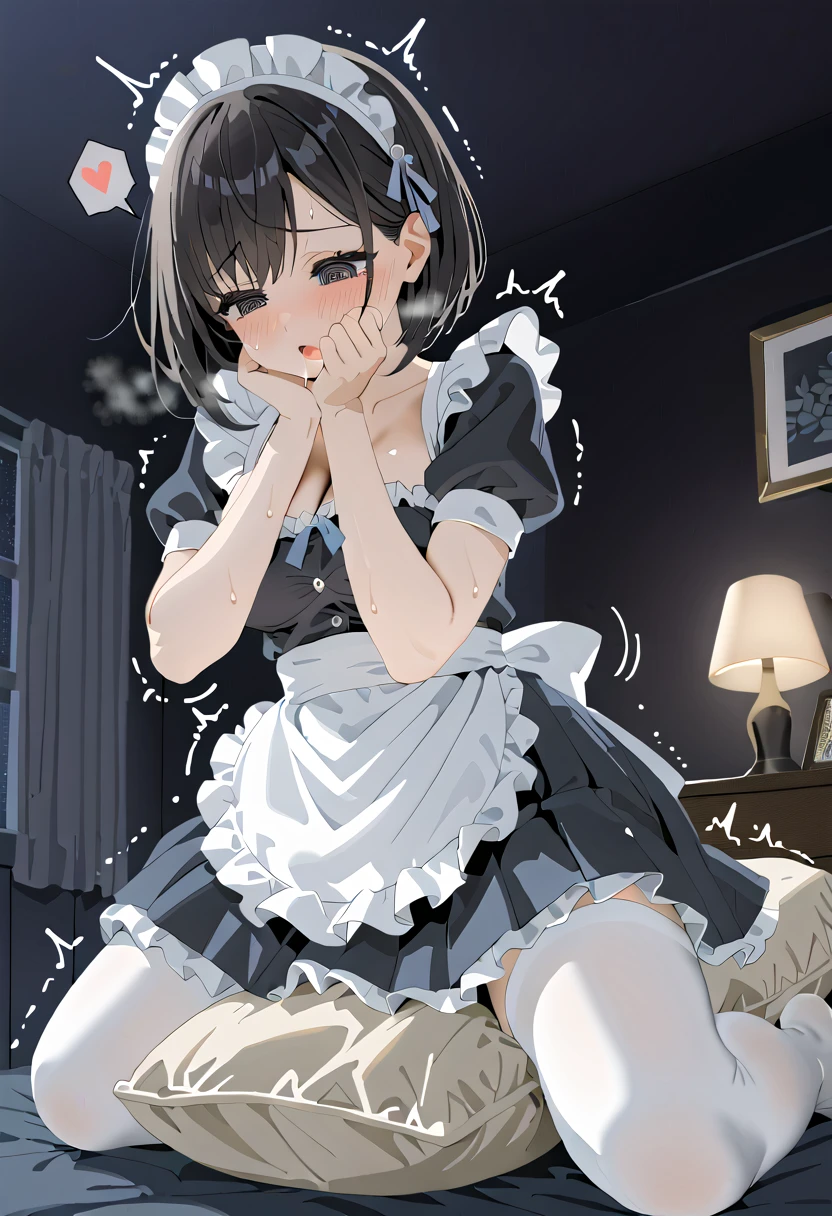 (masterpiece,beautiful,hughres,CG,8k,16k,best quality,high-resolution,detailed eyes:1.5),anime,source anime,illustration,from below,1girl,Alone,( luxury room,night, Dark Room,bedroom:1.5),(on the bed:1.2),(black hair:1.5),black eyes,(short hair,bangs:1.4),(maid,frill dress,pleated skirt,frill skirt,white thighhighs:1.3),cleavage,large breasts,standing,crotch rub,(pillow humping:1.3),hand over own mouth, covering own mouth,(female orgasm,pussy juice:1.1),(trembling:1.4),(gasping,heavy breathing,blush:1.5),(impatience1.1),flustered,(fidgeting around:1.4),(steam:1.2),(sweat skin,sweat:1.4),(streaming tears:1.3),(drooling:1.1),(looking away:0.5),(looking down:1.4),(spoken heart:1.3),(narrow one's eyes:1.6),(open mouth:1.2)