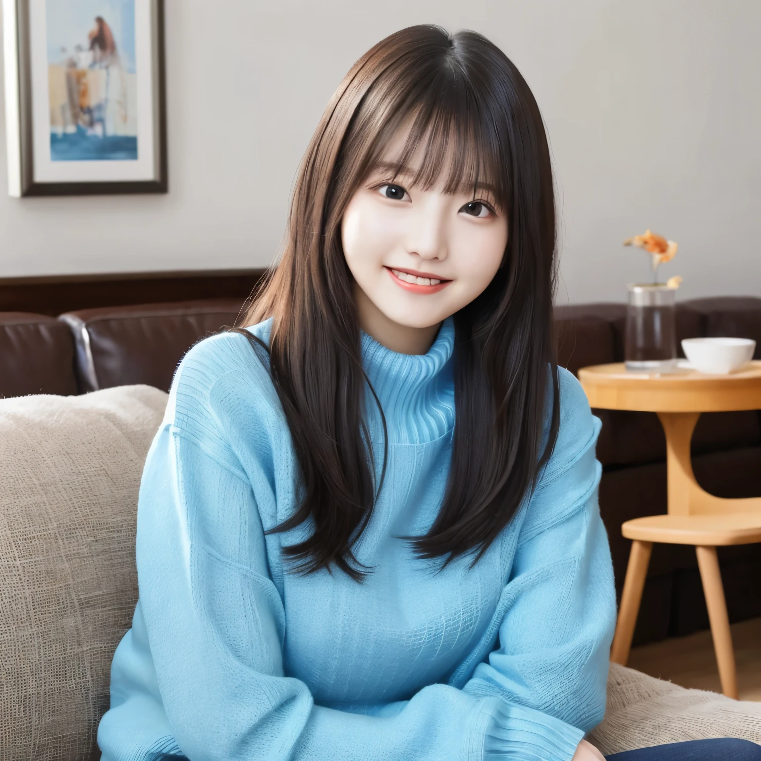  blue sweater ,  Living room with natural light , Sofa and cushions , Smile,  girl, busty,  black hair,  straight hair,  with bangs, 's greatest masterpiece,  no makeup