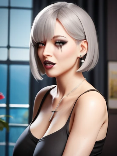 urushisato, vivid colors, silver earrings with emeralds, deep green eyes, bright eyes, a slutty woman, outdoors, realistic skin texture, serious, angry, post-processing, masterpiece, ultra-detailed, realistic, hyperrealism, Sharp focus, insane details, intricate details, full sharp, detailed face, realistic eyes, fantasy office background, makeup, light tan skin, big nipple outline, nice breasts, full body view, silver necklace, eyeliner, eyeshadow, silver jewelry,bangles, anklet. chestnut hair silky hair ,blunt hair,bangs, makeup, eyeliner, soft red glossy lipstick ,legs,full body view, deep cleavage , sorcery dress, colorsSlingshot Swimsuit