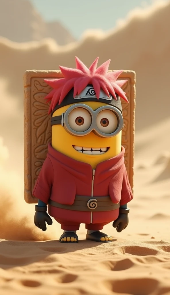 "Minion with a large sand tile on its back, wearing Gaara's signature red clothes and red coloured hair , ,  standing in the middle of a dusty wind desert ."  
