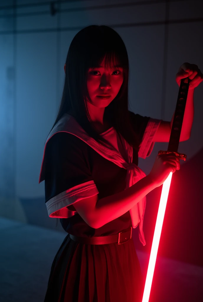 A Japanese woman in a sailor suit 、 holds a Japanese sword with a red glowing blade。