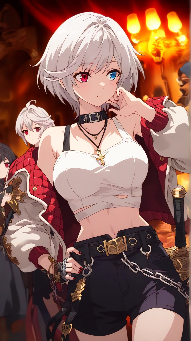 Short hair, silver-white hair with a slightly messy style and side-swept bangs, solo focus, Highress, 2k, best quality, face details, solo girl, battle poses, solo focus. 
Eyes:
 Heterochromia iridis),(left eye,Red eyes),(right eye,blue eyes),
Clothing Description:

Top: Wearing a white crop top with black straps, layered with black mesh covering the neckline.

Outerwear: An oversized white bomber jacket with red and black accents on the inside. The red lining features a quilted pattern, adding a stylish detail.

Additional Accessories: A necklace with a triangular pendant and chain straps hanging from the belt, with a Gauntlet in a room, shadowverse style, shadowverse, detailed key anime art, high detailed official artwork, detailed fantasy art, extremely detailed artgerm, anime fantasy artwork,

Bottom: Black shorts with red accents, featuring metallic chains and straps wrapping around the waist. Buckles and straps add a utilitarian touch.

Background:
Fantasy vibes, rpg style, 