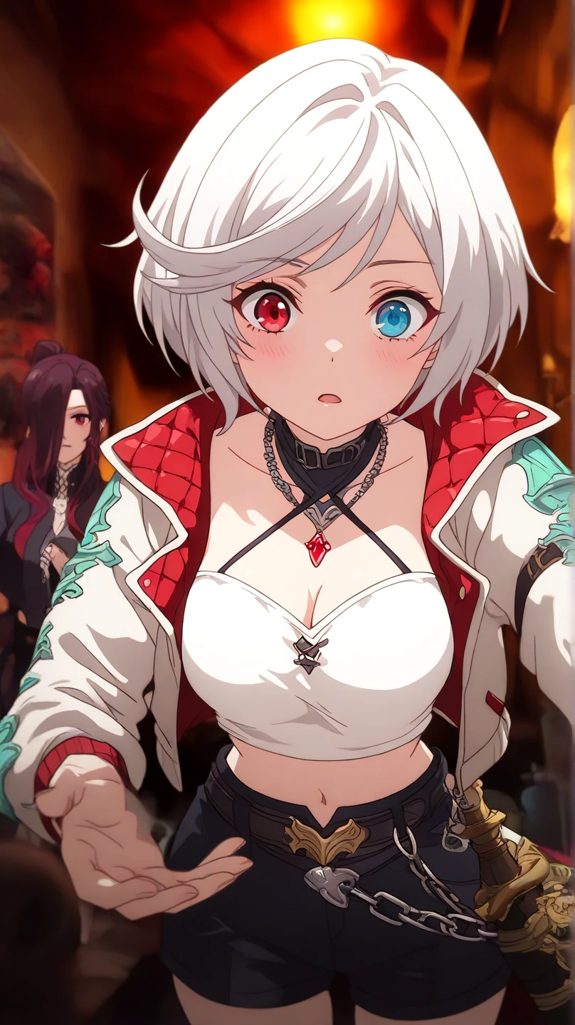 Short hair, silver-white hair with a slightly messy style and side-swept bangs, solo focus, Highress, 2k, best quality, face details, solo girl, battle poses, solo focus. 
Eyes:
 Heterochromia iridis),(left eye,Red eyes),(right eye,blue eyes),
Clothing Description:

Top: Wearing a white crop top with black straps, layered with black mesh covering the neckline.

Outerwear: An oversized white bomber jacket with red and black accents on the inside. The red lining features a quilted pattern, adding a stylish detail.

Additional Accessories: A necklace with a triangular pendant and chain straps hanging from the belt, with a Gauntlet in a room, shadowverse style, shadowverse, detailed key anime art, high detailed official artwork, detailed fantasy art, extremely detailed artgerm, anime fantasy artwork,

Bottom: Black shorts with red accents, featuring metallic chains and straps wrapping around the waist. Buckles and straps add a utilitarian touch.

Background:
Fantasy vibes, rpg style, 