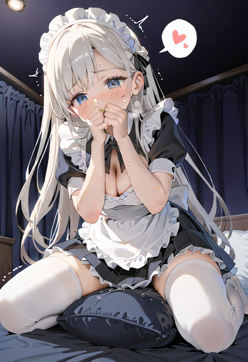 (masterpiece,beautiful,hughres,CG,8k,16k,best quality,high-resolution,detailed eyes:1.5),anime,source anime,illustration,from below,1girl,Alone,( luxury room,night, Dark Room,bedroom:1.5),(on the bed:1.2),(white hair:1.5),blue eyes,(very long hair,straight hair,bangs:1.4),(maid,frill dress,pleated skirt,frill skirt,white thighhighs:1.3),cleavage,large breasts,sitting,leaning forward,crotch rub,(pillow humping:1.3),hand over own mouth, covering own mouth,(female orgasm,pussy juice:1.1),(trembling:1.4),(gasping,heavy breathing,blush:1.5),(impatience1.1),flustered,(fidgeting around:1.4),(steam:1.2),(sweat skin,sweat:1.4),(streaming tears:1.3),(drooling:1.1),(looking away:0.5),(looking down:1.4),(spoken heart:1.3),(narrow one's eyes:1.6),(open mouth:1.2)