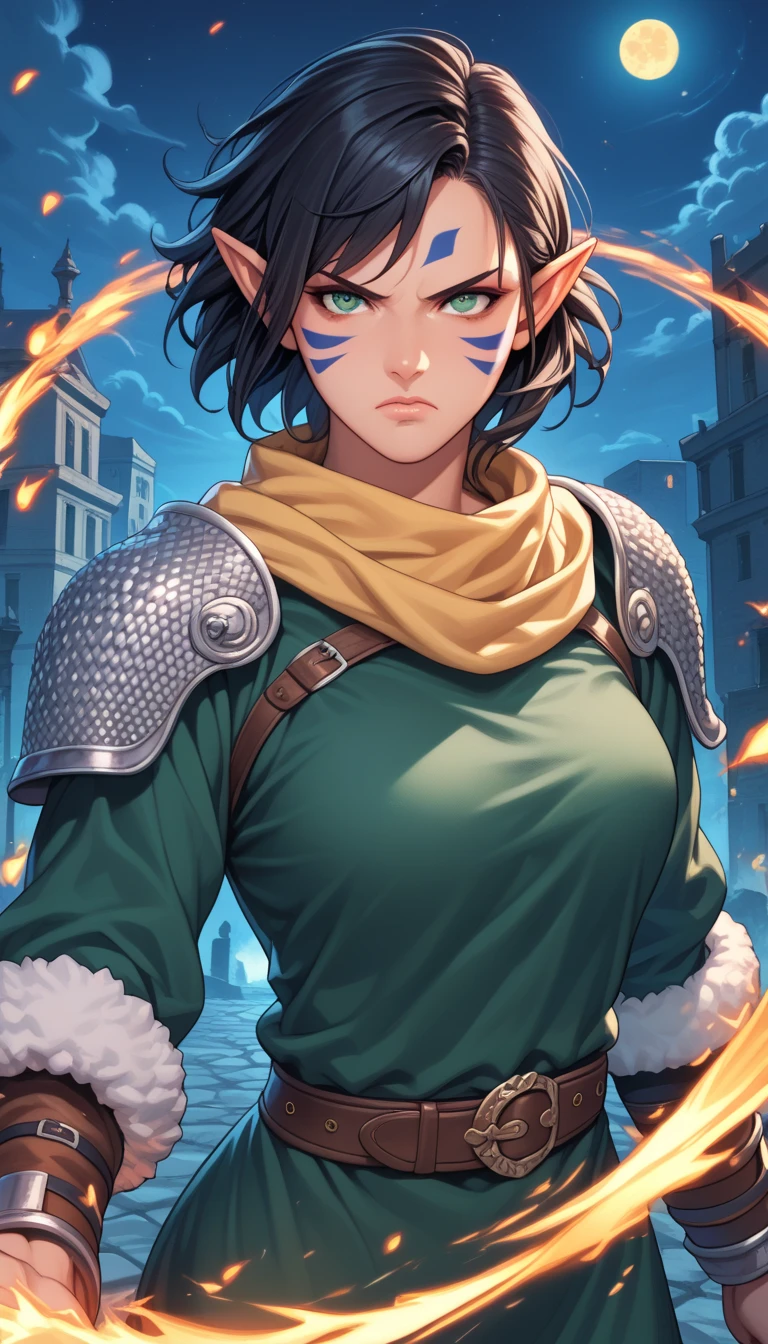 score_9, score_8_up, score_7_up, 1girl, solo,  SulfS-M3rr1LL, pointy ears, face tattoo, facial mark, short hair, black hair, green eyes,
chainmail sleeves,green tunic, yellow scarf, fur trimmed shoulder pads, leather bracers, belt,
serious face, action pose, casting spell, magic, fireball, dynamic pose, hand forward,
outdoors, ruined city, night, glow,
