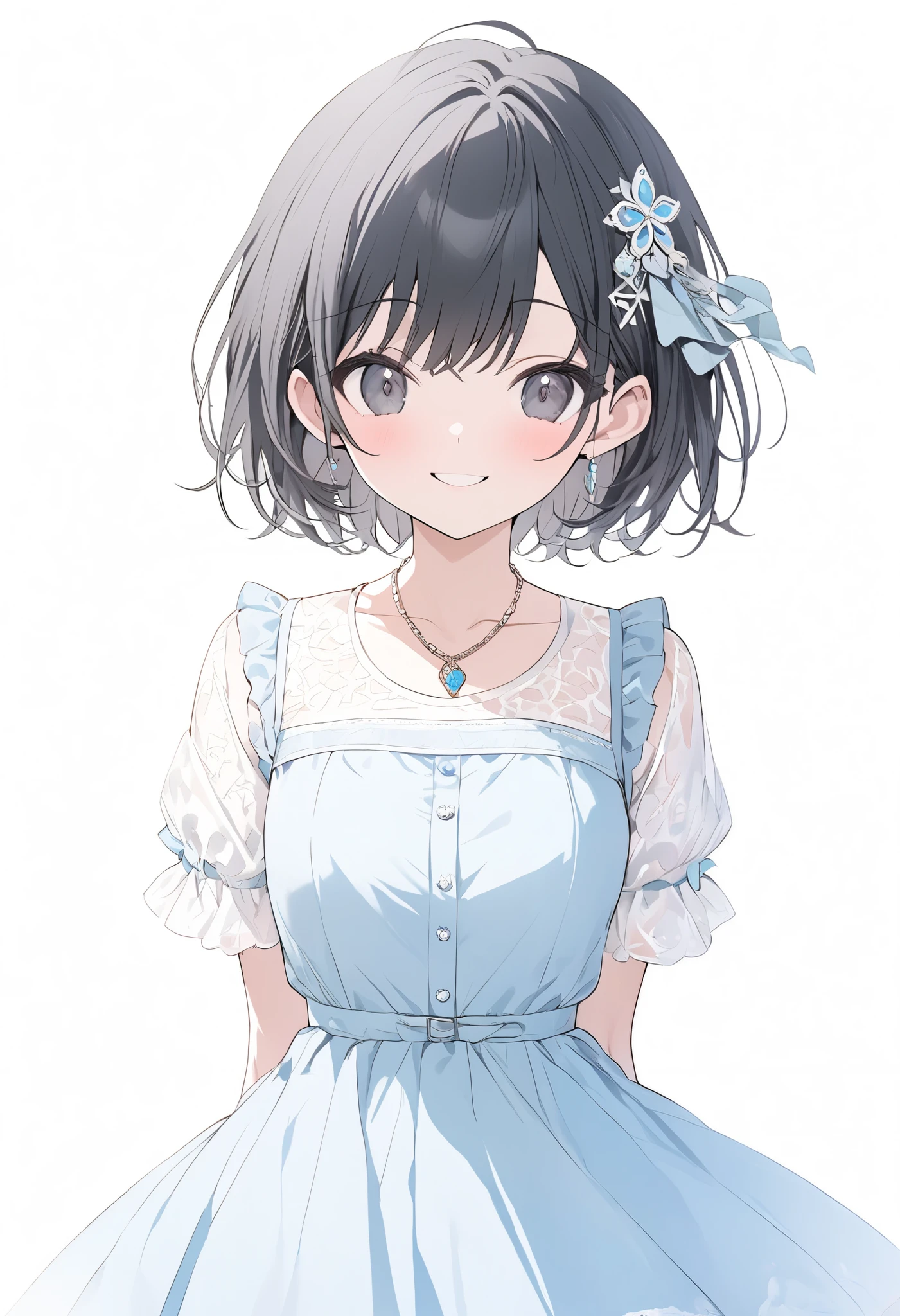 {{masterpiece、 Attention to Details , perfect eyes}}、((White background,from front,  cowboy shot ))、18 years old、 One Girl 、 black hair、pixie cut、 black eyes、(white lace short sleeve blouse、 light blue dress、 simple hair ornament 、pendant) with a cheerful smile、arms behind back