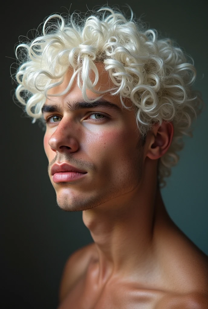 A 16 year old Brazilian with strong white curly hair without a shirt and without underwear and without shorts