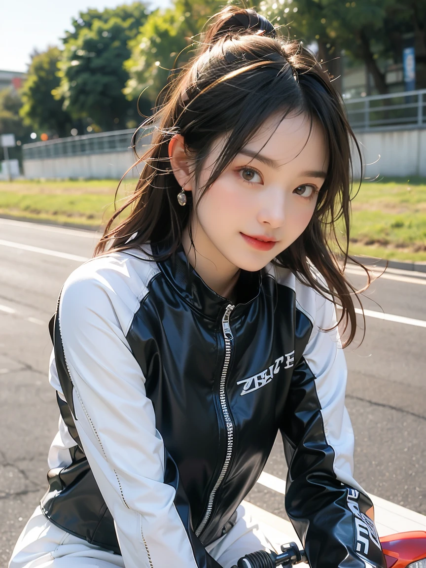 (((masterpiece))), (((best quality))), (((Ride a road bike))), downhill, steep slope, eye mask, earphone, Cycling shorts, wind, Speed line effect, alone, 1 girl, ribbon, long hair, Split, big , Shy. blush,