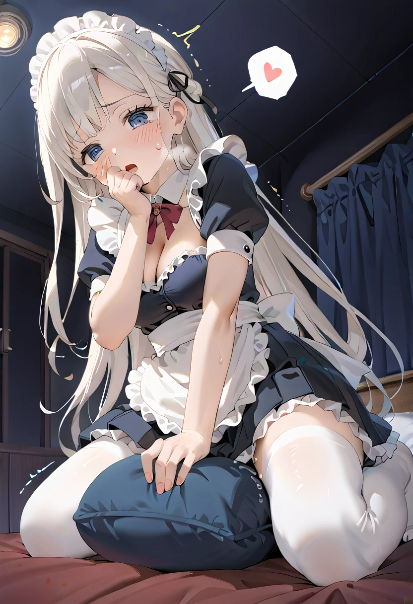 (masterpiece,beautiful,hughres,CG,8k,16k,best quality,high-resolution,detailed eyes:1.5),anime,source anime,illustration,from below,1girl,Alone,( luxury room,night, Dark Room,bedroom:1.5),(on the bed:1.2),(white hair:1.5),blue eyes,(very long hair,straight hair,bangs:1.4),(maid,frill dress,pleated skirt,frill skirt,white thighhighs:1.3),cleavage,large breasts,sitting,leaning forward,crotch rub,(pillow humping:1.3),hand over own mouth, covering own mouth,(female orgasm,pussy juice:1.1),(trembling:1.4),(gasping,heavy breathing,blush:1.5),(impatience1.1),flustered,(fidgeting around:1.4),(steam:1.2),(sweat skin,sweat:1.4),(streaming tears:1.3),(drooling:1.1),(looking away:0.5),(looking down:1.4),(spoken heart:1.3),(narrow one's eyes:1.6),(open mouth:1.2)