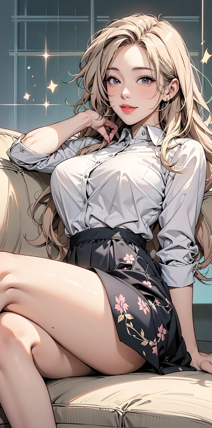 Open chest、cardigan、Laughter、room、8k、Delicate face、Detailed face、Simple Background,Long straight hair_Hair reaching down to the waist、gold necklace_Large earrings、White long sleeve button up blouse_With collar_Remove up to the second button_Brown pleated mini skirt、Place your left hand gently on your chin,right hand holding、full figure supermodel standing, entire body in frame,((Lying in a luxurious hotel bed:1.6)),((right hand touching her chest and left hand on her groin:1.3)),((chest thrusting pose, chest bragging pose,open her mouth,close her eyes:1.4)),