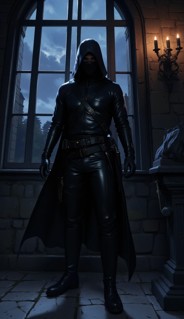  Boy Ninja Thief Assassin Assassin Shadow Walker (About 18 years old ) Hooded Faceless Mask Leather Bodysuit Leather Boots Leather Gloves Small Backpack Hiding Outside Castle Window Dark Sky Black Luminous Black Night Hand Rope Weak Candle Hooks Full Body Image
