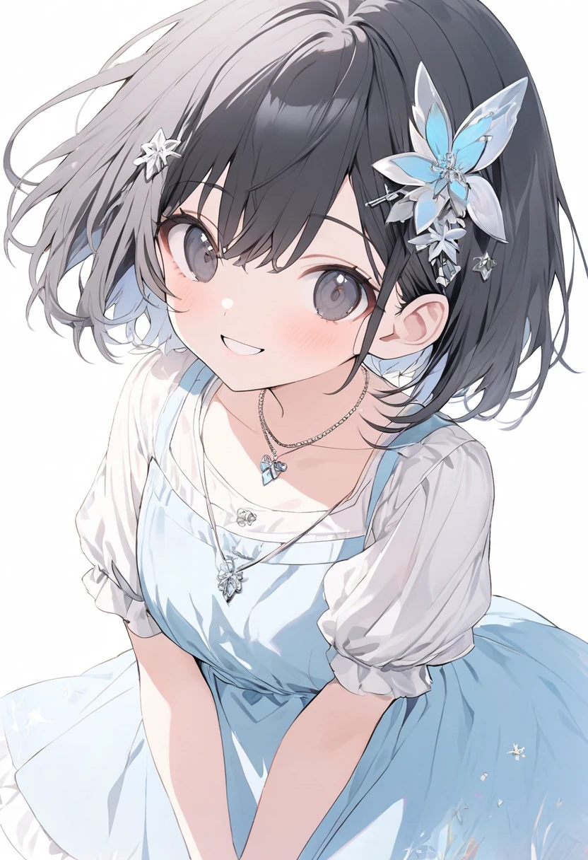 {{masterpiece、 Attention to Details , perfect eyes}}、((White background,from front,  cowboy shot ))、18 years old、 One Girl 、 black hair、pixie cut、 black eyes、( white short sleeve blouse、 light blue dress、 simple hair ornament 、pendant) with a cheerful smile、arms behind back