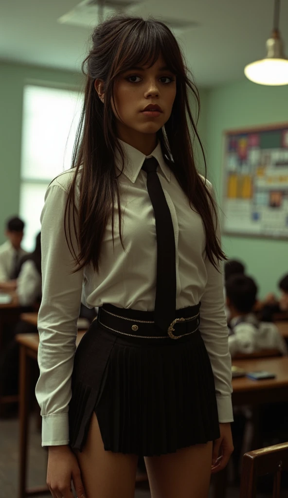 Jenna Ortega as a british school student, classroom setting, school uniform, skirt hiked up, thigh highs, messy hair, alluring expression, dramatic lighting, cinematic composition, photorealistic, 8k, highly detailed, full body image, looking at viewer, 