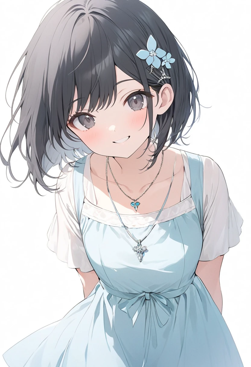 {{masterpiece、 Attention to Details , perfect eyes}}、((White background,from front,  cowboy shot ))、18 years old、 One Girl 、 black hair、pixie cut、 black eyes、( white short sleeve blouse、 light blue dress、 simple hair ornament 、pendant) with a cheerful smile、arms behind back